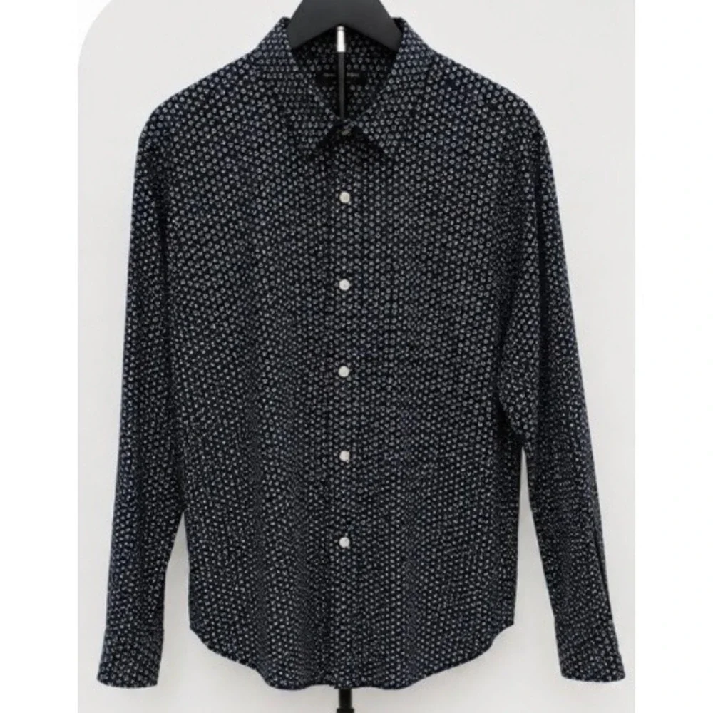 Banana Republic Mens Navy Blue Geometric Micro Print Cotton Button Down Shirt L